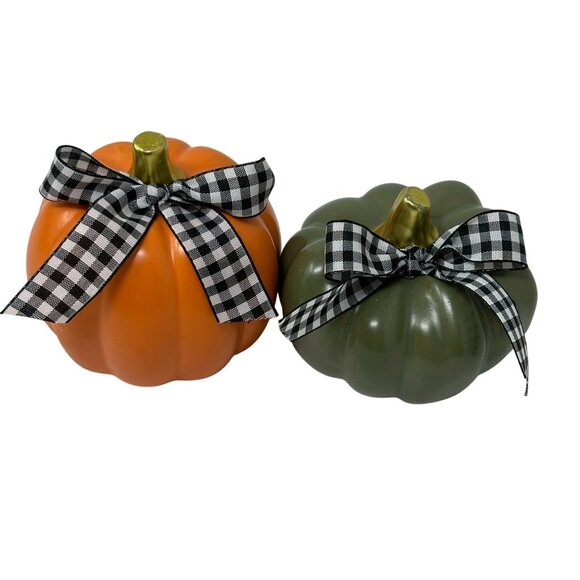 Farmhouse Fall Pumpkin Decor Set White Gray Green Buffalo Check Bow Autumn Decor - Picture 1 of 9